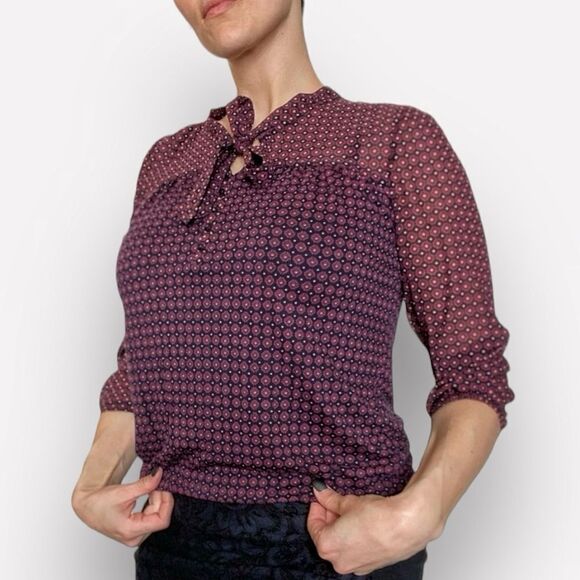 LOFT Blouse Bow Collar Top Preppy Navy Wine XS Relaxed Fit - Picture 1 of 12